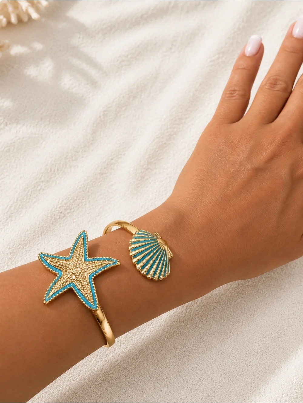 Coastal Starfish & Seashell Gold Cuff Bracelet Beach Vacation Jewelry